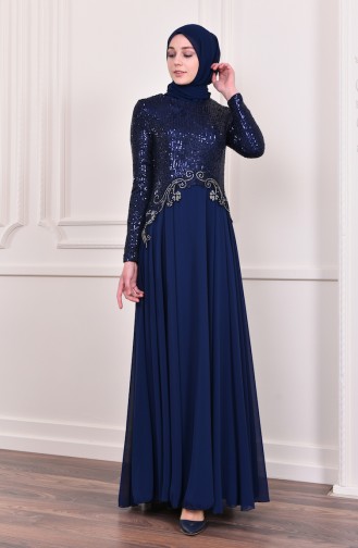Navy Blue Hijab Evening Dress 52745-09