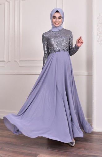 Sequin Detailed Evening Dress  52746-03 Gray 52746-03