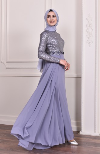 Sequin Detailed Evening Dress  52746-03 Gray 52746-03