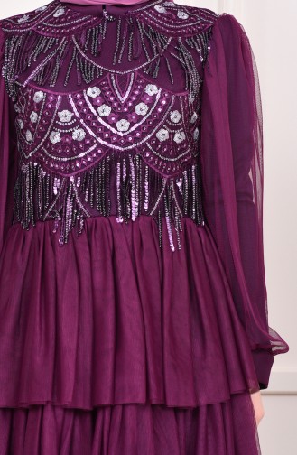 فستان سهرة تول بتفاصيل من الترتر 1601-01 لون بنفسجي 1601-01