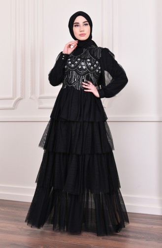 Sequin Tulle Evening Dress 1601-02 Black 1601-02