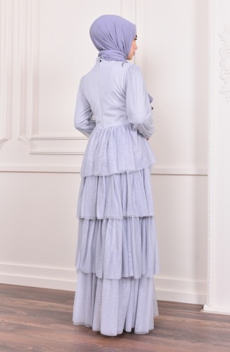 فستان سهرة تول بتفاصيل من الترتر 1601-03 لون رمادي 1601-03