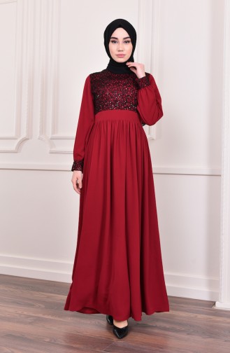 Claret Red Hijab Evening Dress 5005-02