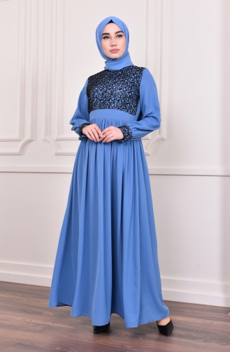 فستان سهرة بتفاصيل من الترتر اللامع 5005-03 لون أزرق 5005-03