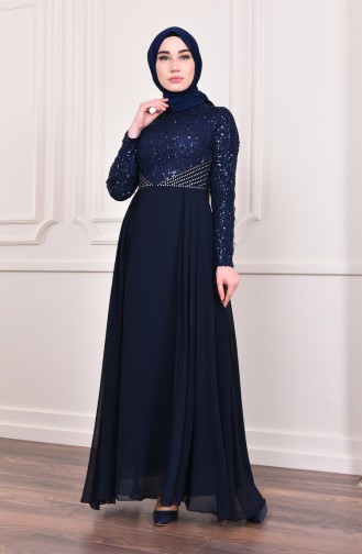 Sequin Evening Dress 3740-02 Navy Blue 3740-02