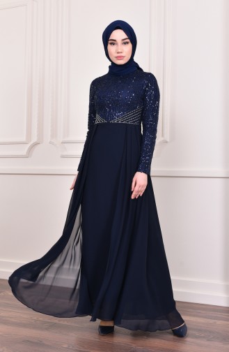 Sequin Evening Dress 3740-02 Navy Blue 3740-02