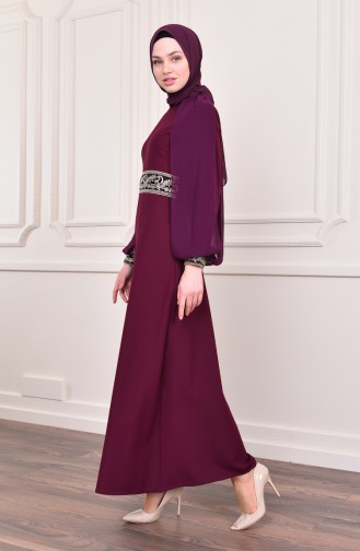 Plum Hijab Evening Dress 4118-02
