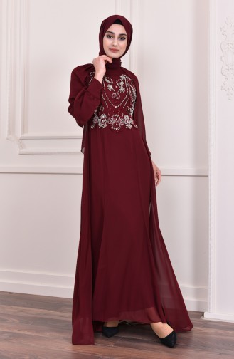 فستان سهرة بتفاصيل مُطرزة بالخرز 3004-04 لون خمري 3004-04