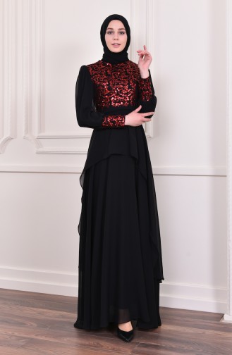 Payetli Şifon Abiye Elbise 1602-01 Siyah Bordo