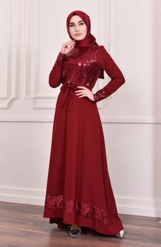 Sequined Belted Dress 2024-01 Claret Red 2024-01