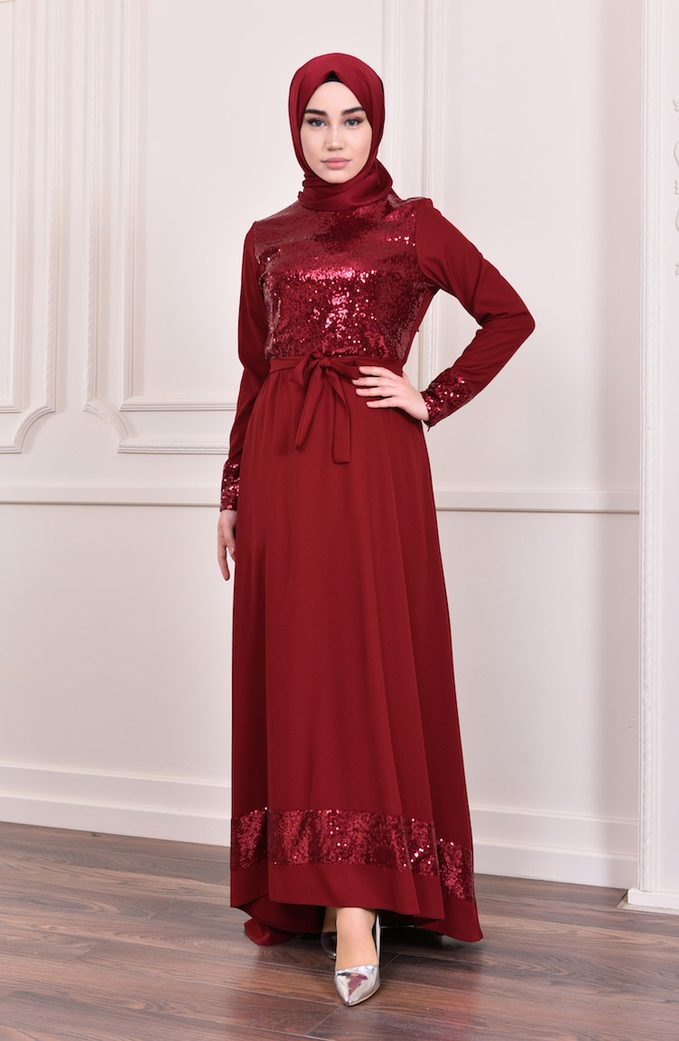 Sequined Belted Dress 202401 Claret Red 202401 Sefamerve