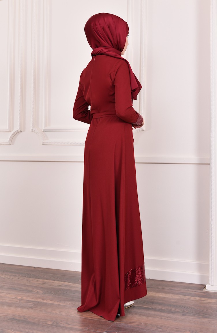 Sequined Belted Dress 202401 Claret Red 202401 Sefamerve