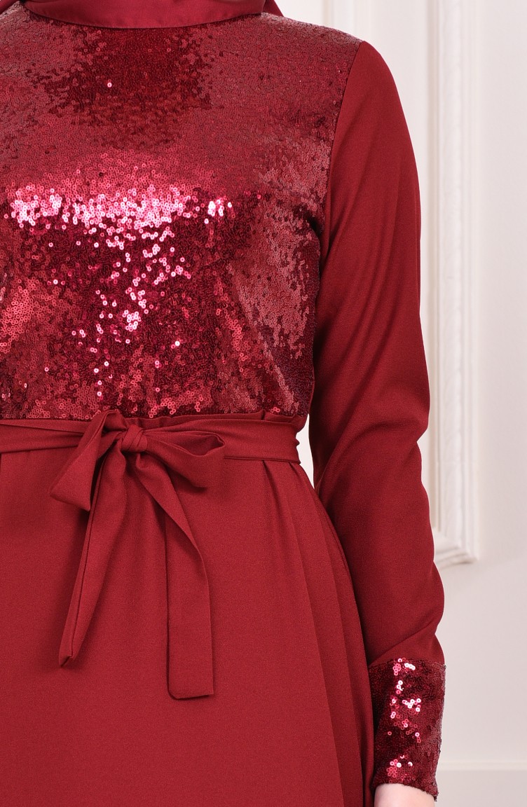 Sequined Belted Dress 202401 Claret Red 202401 Sefamerve