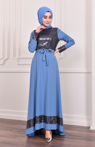 Sequined Belted Dress 2024-06 Blue 2024-06