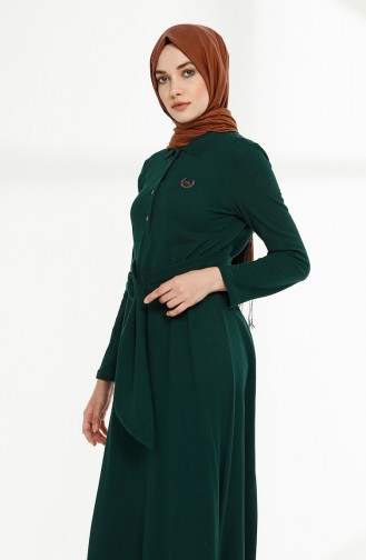 Polo Yaka Kuşaklı Örme Elbise 5014-05 Zümrüt Yeşili