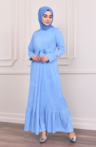 Eteği Büzgülü Elbise 5004-03 Mavi