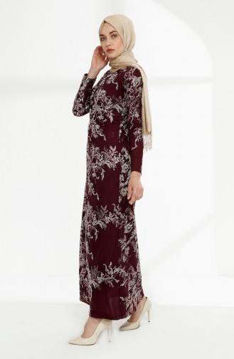 فستان سهرة بتصميم دانتيل مُزين بالترتر اللامع 7237-02 لون أرجواني 7237-02