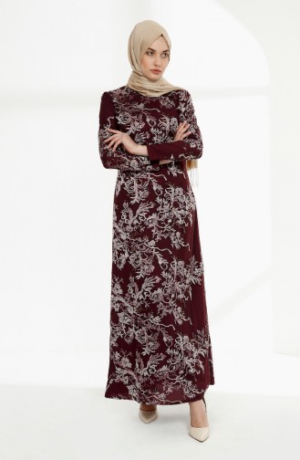 Sequined Lace Overlay Evening Dress  7237-02 Plum 7237-02