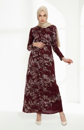 فستان سهرة بتصميم دانتيل مُزين بالترتر اللامع 7237-02 لون أرجواني 7237-02