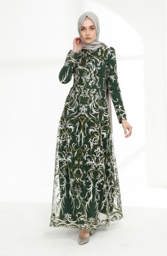 فستان سهرة بتصميم دانتيل 7238-01 لون أخضر زمردي 7238-01