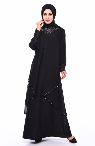 فستان سهرة بتفاصيل من اللؤلؤ وبمقاسات كبيرة 3141-02 لون أسود 3141-02