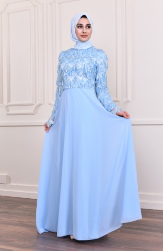 فستان سهرة بتفاصيل من الترتر اللامع  8203-02 لون أزرق 8203-02