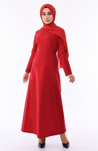 Kemerli Elbise 1180-02 Kırmızı Siyah