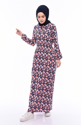 فستان مُطبع بتصميم مطاط عند الخصر 0417 J-01 لون كحلي و وردي 0417J-01