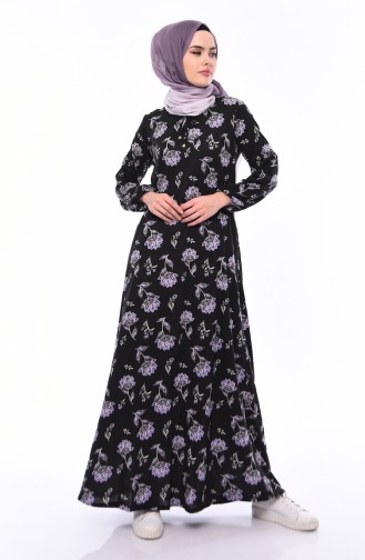 Desenli Elbise 2560A-01 Siyah Lila 2560A-01