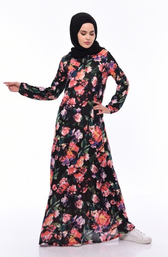 Desenli Elbise 2560C-01 Siyah Pudra 2560C-01