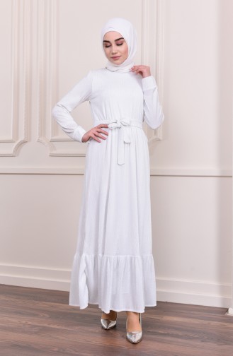 Eteği Büzgülü Elbise 5004-02 Beyaz