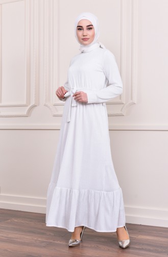 Eteği Büzgülü Elbise 5004-02 Beyaz