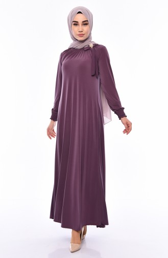 فستان قماش الساندي بتصميم مُزين ببروش 9021-01 لون وردي باهت داكن 9021-01