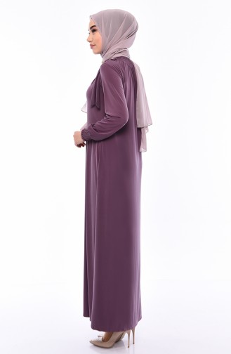 فستان قماش الساندي بتصميم مُزين ببروش 9021-01 لون وردي باهت داكن 9021-01