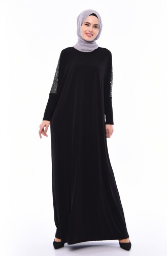 فستان قماش الساندي مُزين بتفاصيل عند الأكمام 9027-01 لون أسود 9027-01