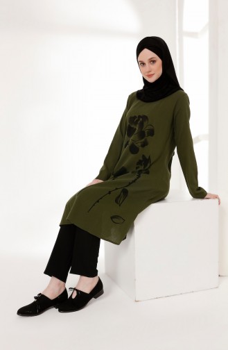 تونيك قماش شيلة بتصميم مطبع 5019-05لون اخضر كاكي 5019-05