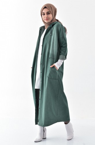 معطف جينز طويل بتصميم موصول بقبعة 4420-01 لون أخضر 4420-01