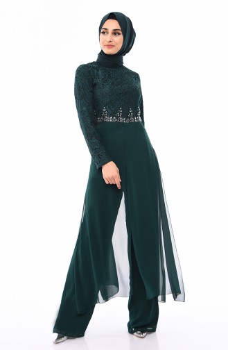 Stone Detailed Pants Blouse Suit 4120-03 Green 4120-03