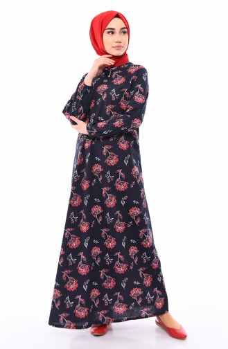 Desenli Elbise 2560G-01 Lacivert Kırmızı