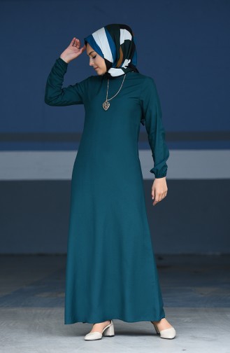 فستان فيسكوز  بتصميم أكمام مزمومة 2521-08 لون أخضر زمردي 2521-08