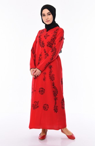 Desenli Şile Bezi Elbise 0004-11 Kırmızı