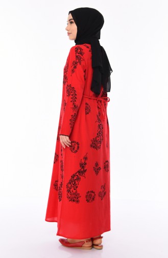 Desenli Şile Bezi Elbise 0004-11 Kırmızı