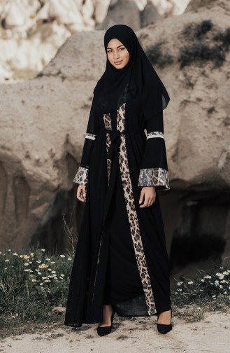 Abaya Mousseline a Motifs Léopard 52748-02 Noir Vison 52748-02