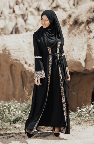 Abaya Mousseline a Motifs Léopard 52748-02 Noir Vison 52748-02