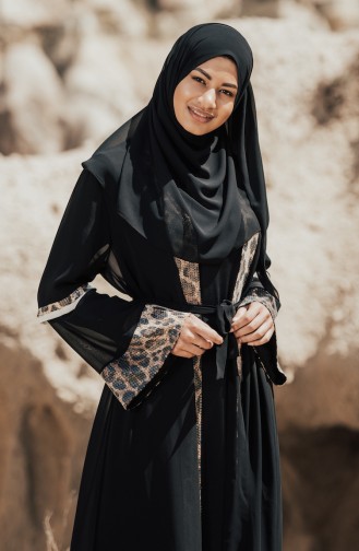 Leopar Desenli Şifon Abaya 52748-02 Siyah Vizon