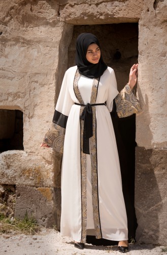 Garnili Şifon Abaya 52754-02 Krem Siyah