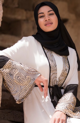 Garnili Şifon Abaya 52754-02 Krem Siyah