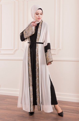 Garnili Şifon Abaya 52754-02 Krem Siyah