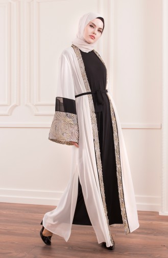 Garnili Şifon Abaya 52754-02 Krem Siyah