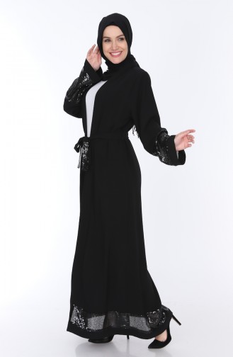 Sequined Belted Abaya 7835-01 Black 7835-01